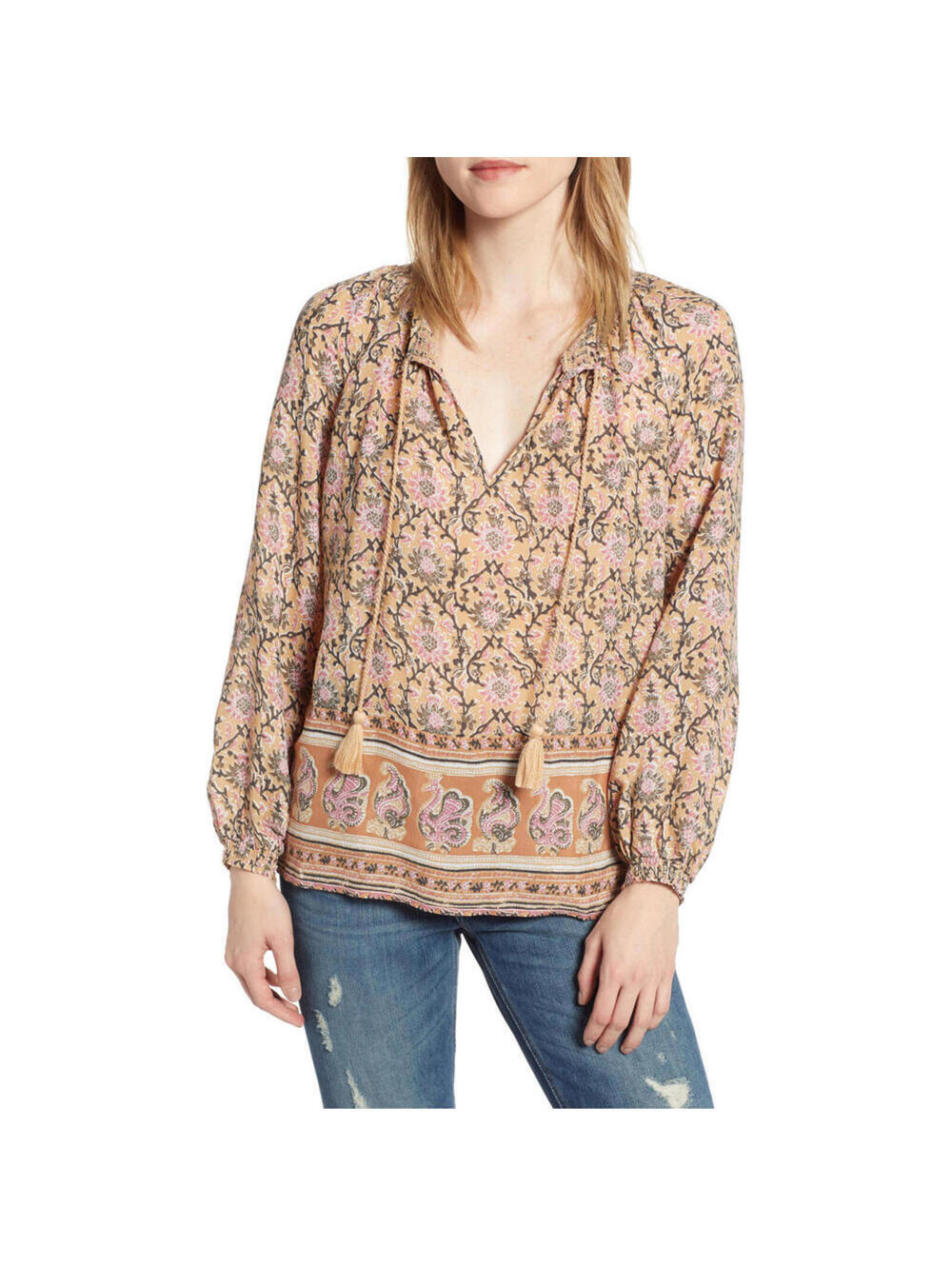 Lucky Brand NWT Paisley Border Print Boho Peasant Blouse Top L Large Tassels NEW